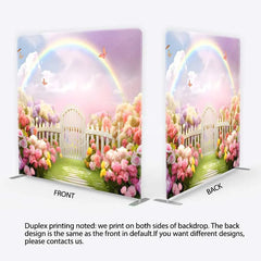Aperturee - Aperturee Spring Fairy Garden Tension Fabric Backdrop Rainbow and White Picket Fence Flower Party Decorations