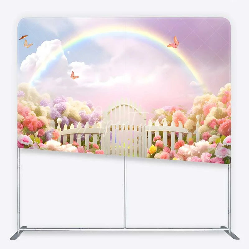 Aperturee - Aperturee Spring Fairy Garden Tension Fabric Backdrop Rainbow and White Picket Fence Flower Party Decorations