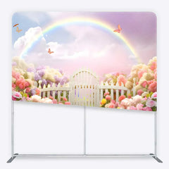 Aperturee - Aperturee Spring Fairy Garden Tension Fabric Backdrop Rainbow and White Picket Fence Flower Party Decorations