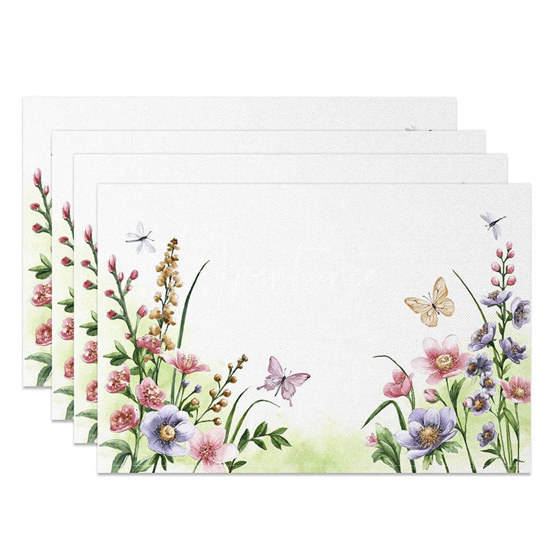 Aperturee - Aperturee Spring Floral and Butterfly Dining Set of 4 Placemats for Garden Party Easter Holiday and Kitchen Decor