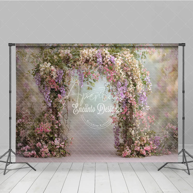 Aperturee - Aperturee Spring Floral Arch Backdrop Pink and Purple Flower Decor Enchanted Garden Wedding Photo Prop