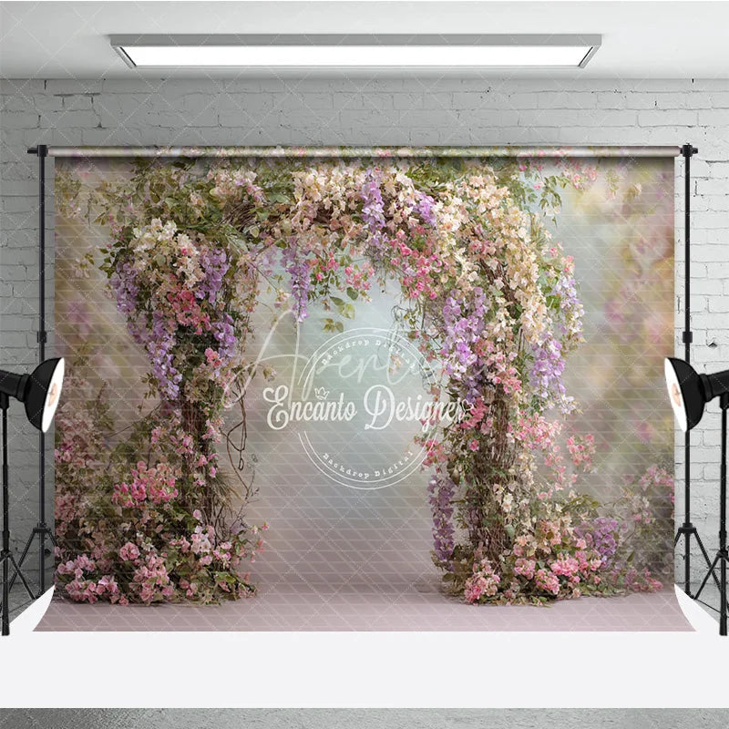 Aperturee - Aperturee Spring Floral Arch Backdrop Pink and Purple Flower Decor Enchanted Garden Wedding Photo Prop