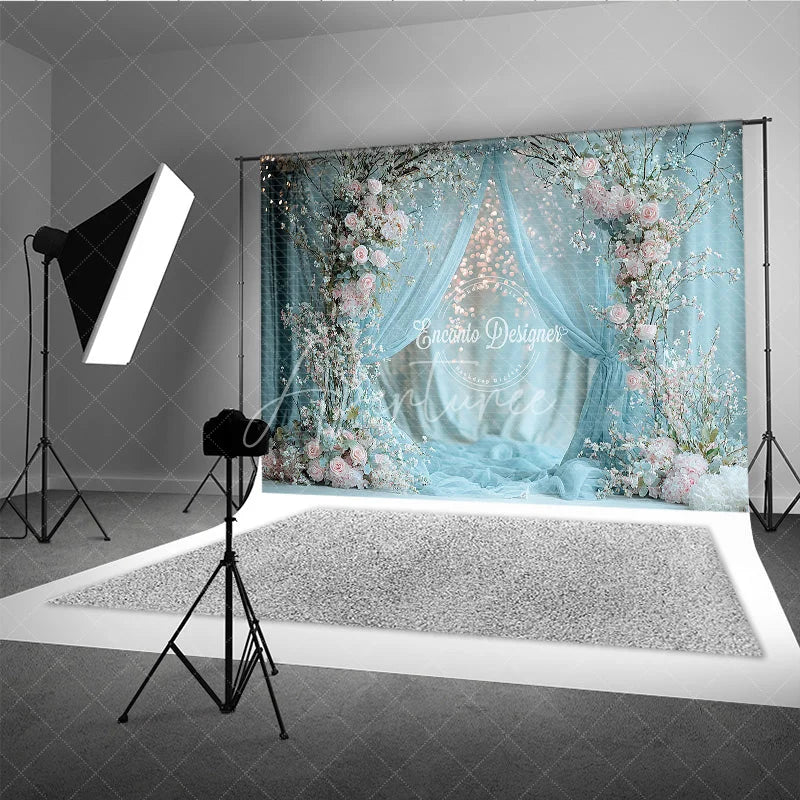 Aperturee - Aperturee Spring Floral Arch Photography Backdrop Blue Drapes with Pink Roses Bokeh Lights Wedding Photo Background