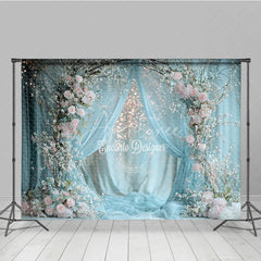 Aperturee - Aperturee Spring Floral Arch Photography Backdrop Blue Drapes with Pink Roses Bokeh Lights Wedding Photo Background