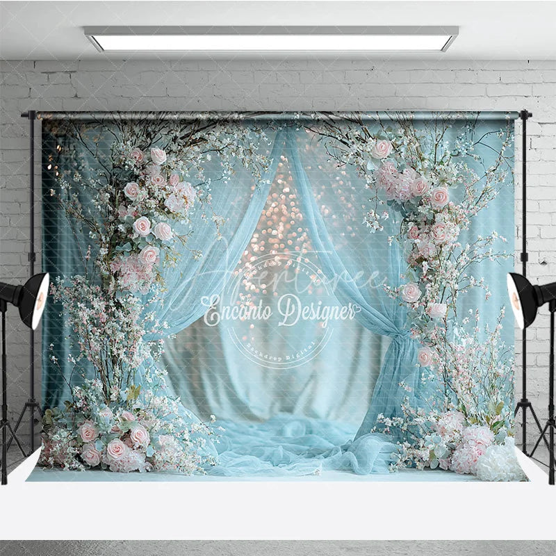 Aperturee - Aperturee Spring Floral Arch Photography Backdrop Blue Drapes with Pink Roses Bokeh Lights Wedding Photo Background