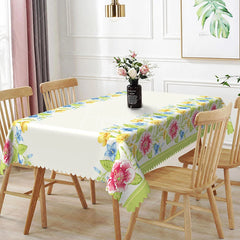 Aperturee - Aperturee Spring Floral Border Rectangle Tablecloth Yellow Blue Flowers White Center Garden Party Dining Table Cover Decoration