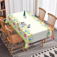 Aperturee - Aperturee Spring Floral Border Rectangle Tablecloth Yellow Blue Flowers White Center Garden Party Dining Table Cover Decoration