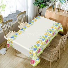 Aperturee - Aperturee Spring Floral Border Rectangle Tablecloth Yellow Blue Flowers White Center Garden Party Dining Table Cover Decoration