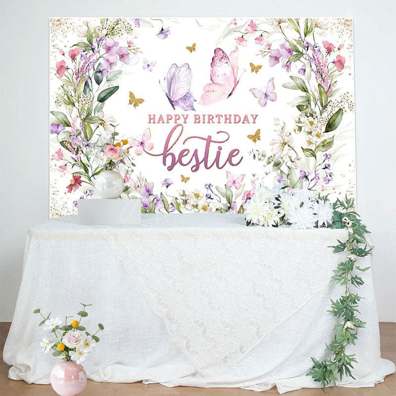 Aperturee - Aperturee Spring Floral Butterfly Happy Birthday Bestie Backdrop