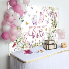 Aperturee - Aperturee Spring Floral Butterfly Happy Birthday Bestie Backdrop