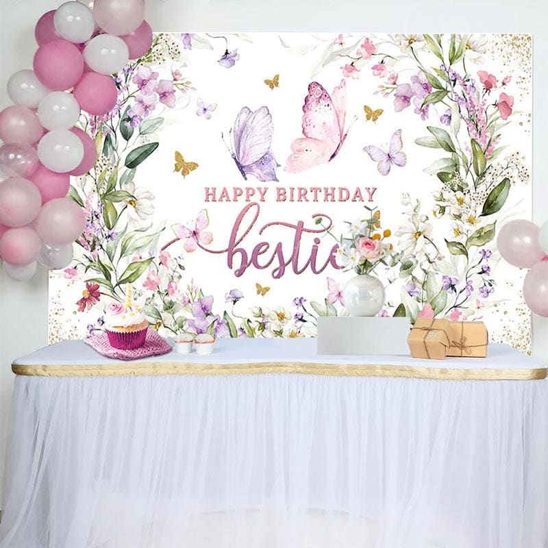 Aperturee - Aperturee Spring Floral Butterfly Happy Birthday Bestie Backdrop