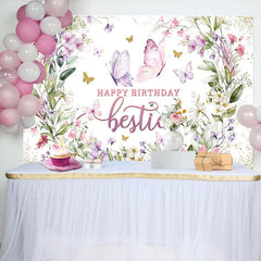 Aperturee - Aperturee Spring Floral Butterfly Happy Birthday Bestie Backdrop