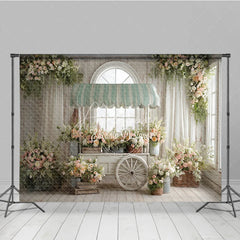 Aperturee - Aperturee Spring Floral Cart Indoor Photography Backdrop Green Striped Awning and Peach Blossoms Studio Background