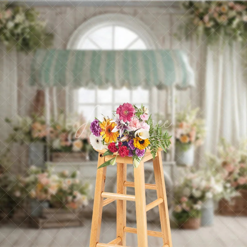 Aperturee - Aperturee Spring Floral Cart Indoor Photography Backdrop Green Striped Awning and Peach Blossoms Studio Background