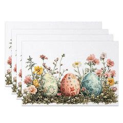 Aperturee - Aperturee Spring Floral Easter Eggs Set of 4 Placemats Wildflower Meadow Grass Table Mats Botanical Holiday Dining Room Decor