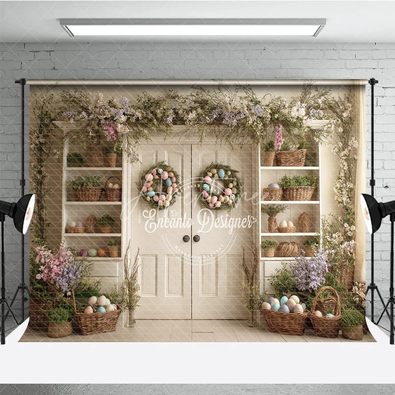 Aperturee - Aperturee Spring Floral Garland Easter Photography Backdrop Pastel Egg Wreaths and Basket Shelves Studio Background