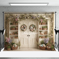 Aperturee - Aperturee Spring Floral Garland Easter Photography Backdrop Pastel Egg Wreaths and Basket Shelves Studio Background