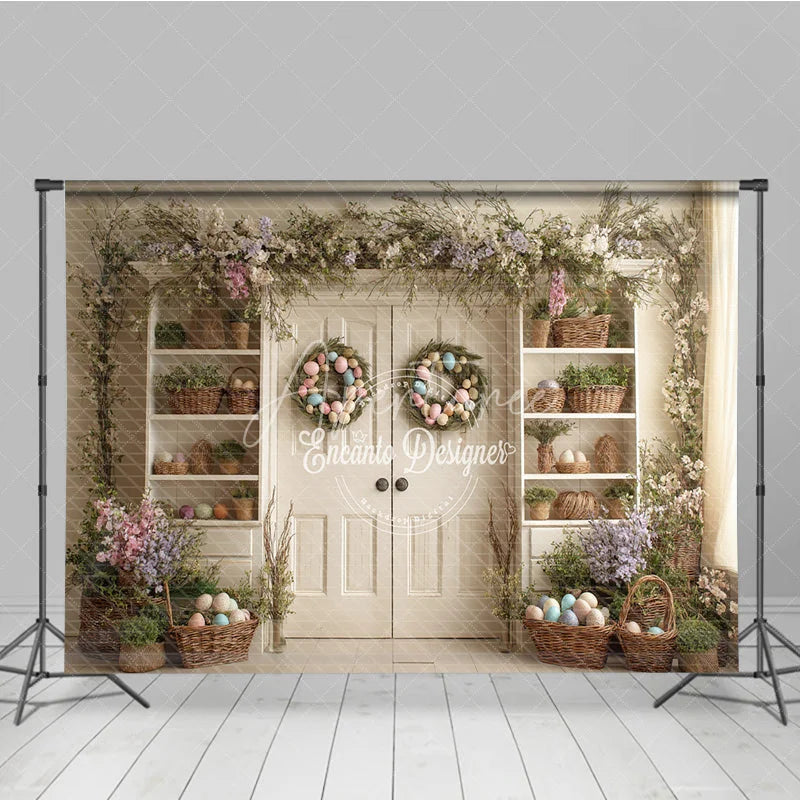 Aperturee - Aperturee Spring Floral Garland Easter Photography Backdrop Pastel Egg Wreaths and Basket Shelves Studio Background
