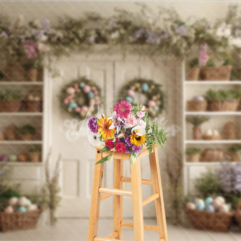 Aperturee - Aperturee Spring Floral Garland Easter Photography Backdrop Pastel Egg Wreaths and Basket Shelves Studio Background