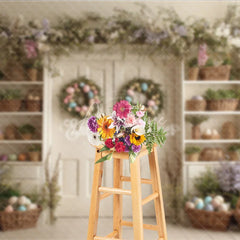 Aperturee - Aperturee Spring Floral Garland Easter Photography Backdrop Pastel Egg Wreaths and Basket Shelves Studio Background
