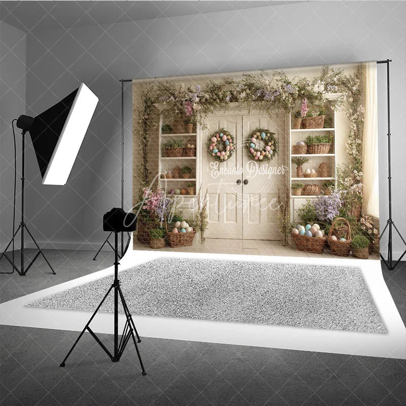 Aperturee - Aperturee Spring Floral Garland Easter Photography Backdrop Pastel Egg Wreaths and Basket Shelves Studio Background