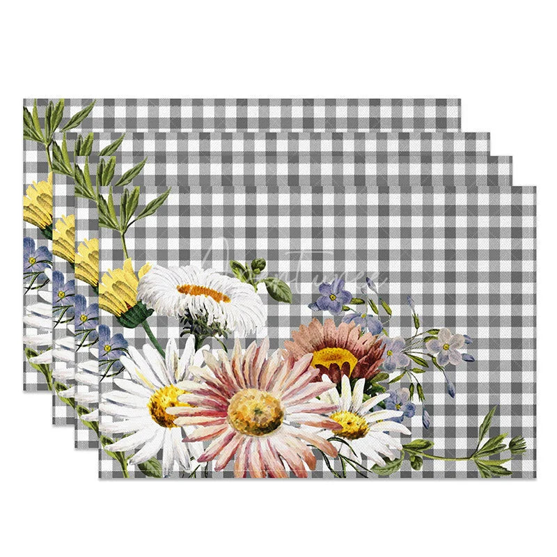 Aperturee - Aperturee Spring Floral Grey and White Plaid Set of 4 Placemats for Farmhouse Kitchen and Garden Party Table Decor