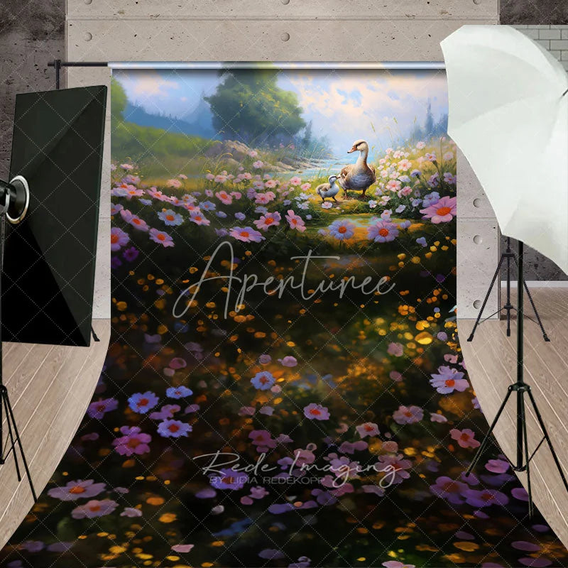 Aperturee - Aperturee Spring Floral Meadow Duck Backdrop Pink Flowers River Magic Sunlight Nature Photography Background for Portrait