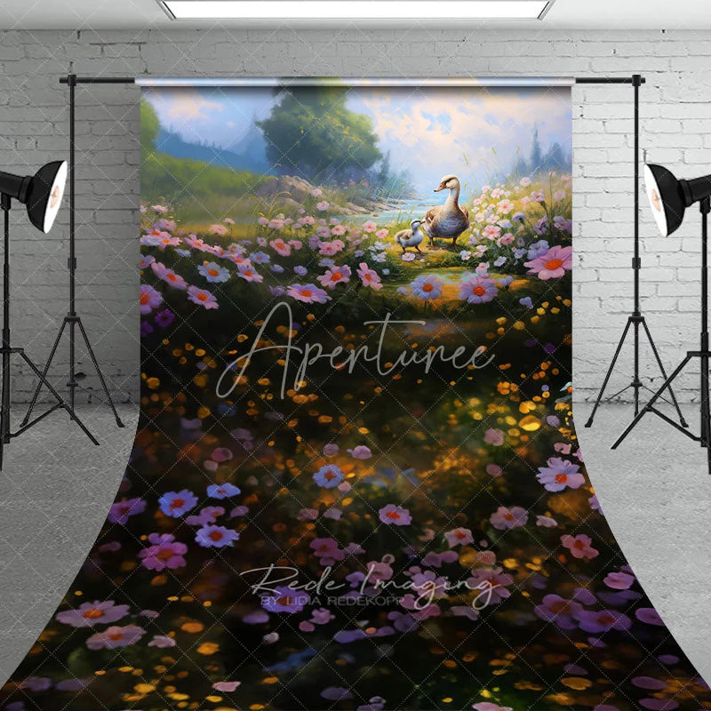 Aperturee - Aperturee Spring Floral Meadow Duck Backdrop Pink Flowers River Magic Sunlight Nature Photography Background for Portrait