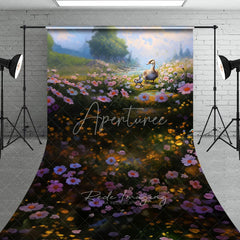 Aperturee - Aperturee Spring Floral Meadow Duck Backdrop Pink Flowers River Magic Sunlight Nature Photography Background for Portrait