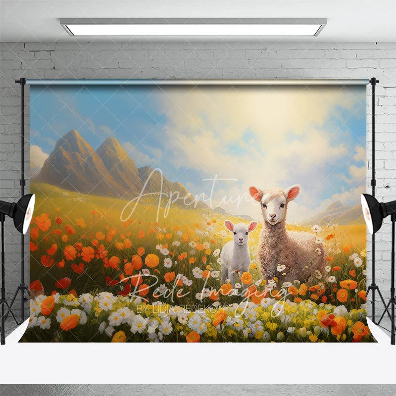 Aperturee - Aperturee Spring Floral Meadow Lambs Backdrop Orange Flowers and Mountain Nature Photography Background for Baby Shower