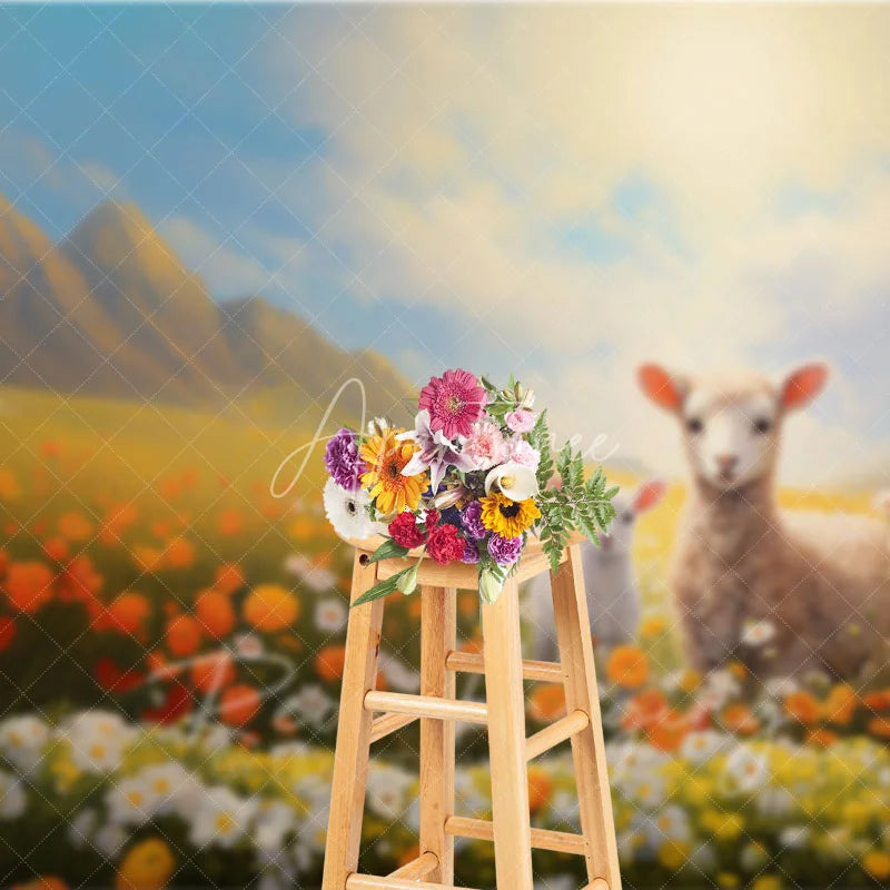 Aperturee - Aperturee Spring Floral Meadow Lambs Backdrop Orange Flowers and Mountain Nature Photography Background for Baby Shower