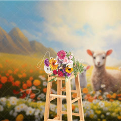 Aperturee - Aperturee Spring Floral Meadow Lambs Backdrop Orange Flowers and Mountain Nature Photography Background for Baby Shower