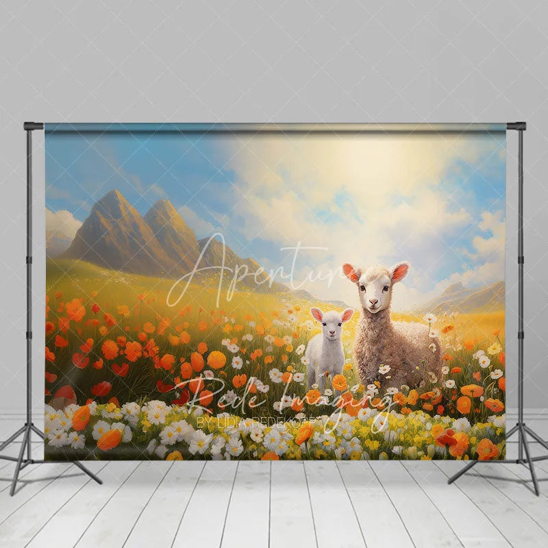 Aperturee - Aperturee Spring Floral Meadow Lambs Backdrop Orange Flowers and Mountain Nature Photography Background for Baby Shower