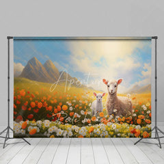 Aperturee - Aperturee Spring Floral Meadow Lambs Backdrop Orange Flowers and Mountain Nature Photography Background for Baby Shower