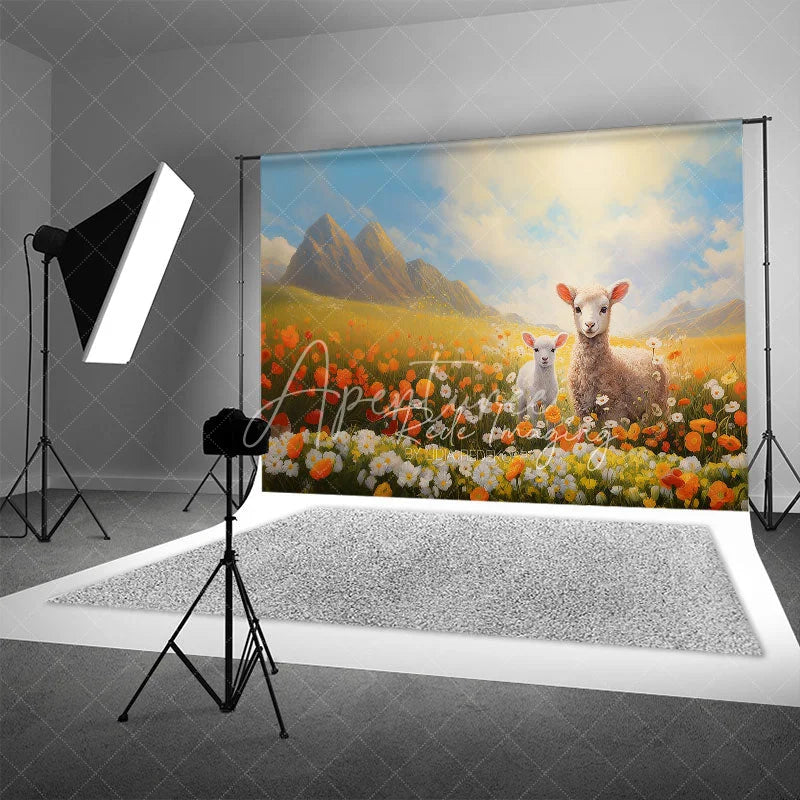 Aperturee - Aperturee Spring Floral Meadow Lambs Backdrop Orange Flowers and Mountain Nature Photography Background for Baby Shower