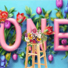 Aperturee - Aperturee Spring Floral One Birthday Photography Backdrop Pink Tulip Flower First Birthday Photo Background Garden Cake Smash