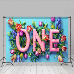 Aperturee - Aperturee Spring Floral One Birthday Photography Backdrop Pink Tulip Flower First Birthday Photo Background Garden Cake Smash