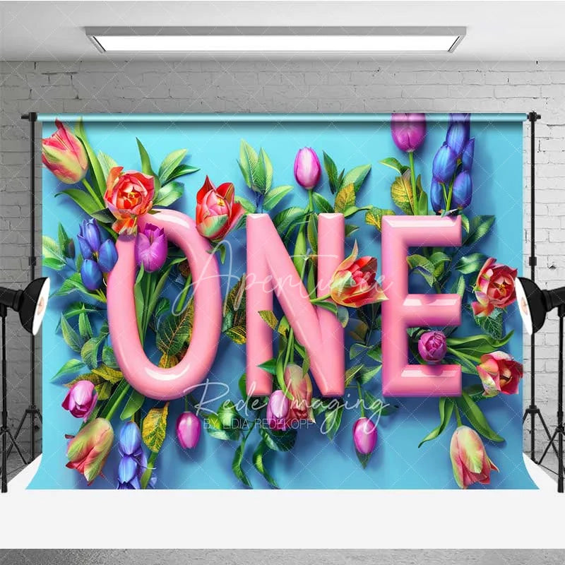 Aperturee - Aperturee Spring Floral One Birthday Photography Backdrop Pink Tulip Flower First Birthday Photo Background Garden Cake Smash
