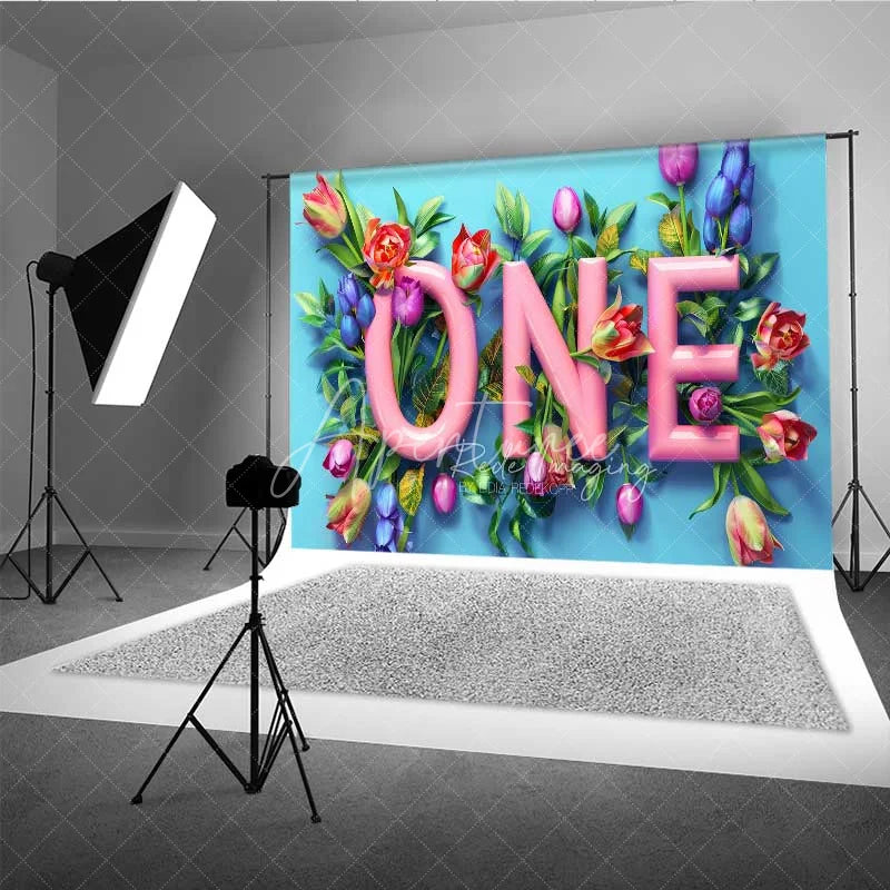 Aperturee - Aperturee Spring Floral One Birthday Photography Backdrop Pink Tulip Flower First Birthday Photo Background Garden Cake Smash