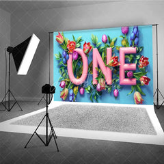Aperturee - Aperturee Spring Floral One Birthday Photography Backdrop Pink Tulip Flower First Birthday Photo Background Garden Cake Smash
