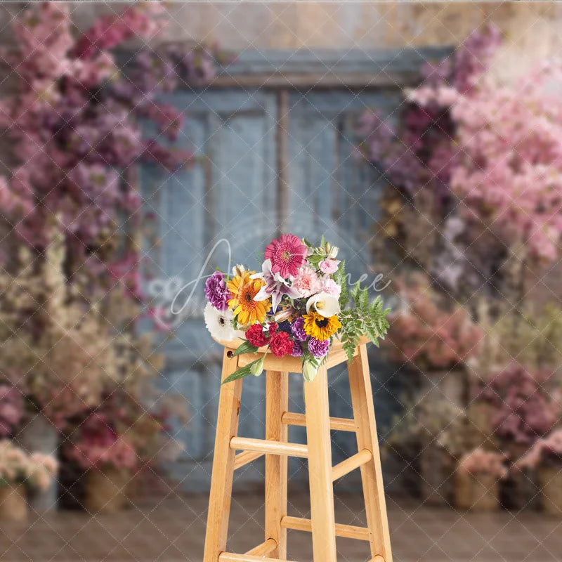 Aperturee - Aperturee Spring Floral Photography Backdrop Blue Rustic Door with Pink Blossoms Fine Art Painterly Photo Background