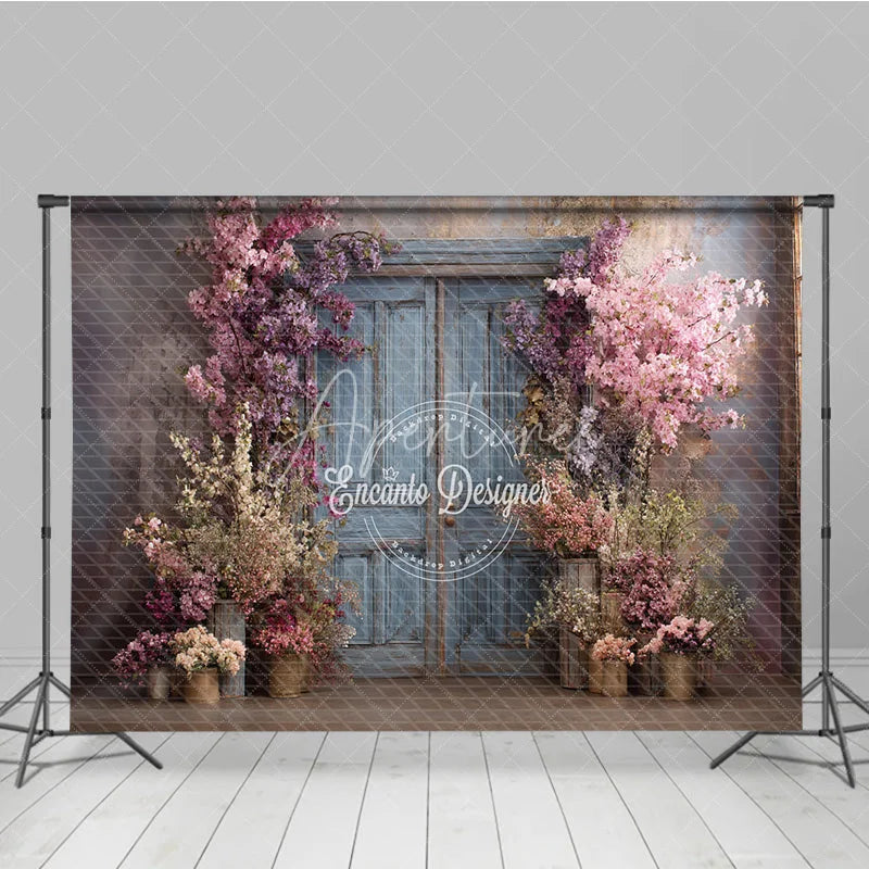 Aperturee - Aperturee Spring Floral Photography Backdrop Blue Rustic Door with Pink Blossoms Fine Art Painterly Photo Background