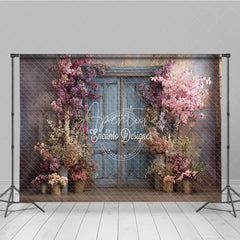 Aperturee - Aperturee Spring Floral Photography Backdrop Blue Rustic Door with Pink Blossoms Fine Art Painterly Photo Background