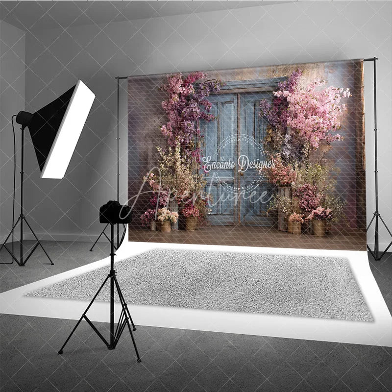 Aperturee - Aperturee Spring Floral Photography Backdrop Blue Rustic Door with Pink Blossoms Fine Art Painterly Photo Background