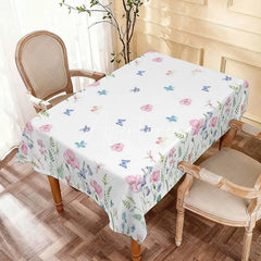 Aperturee - Aperturee Spring Floral Rectangle Tablecloth Pink and Blue Wildflowers Butterflies Spring Summer Party Decor