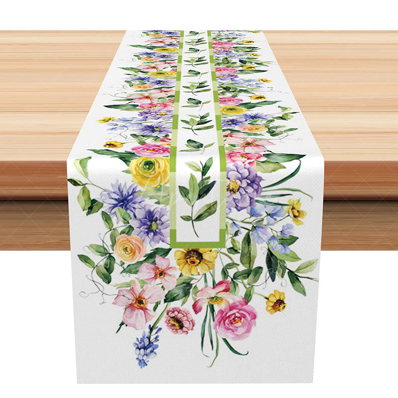 Aperturee - Aperturee Spring Floral Stripe Table Runner with Blooming Flowers and Leaves for Garden Party and Kitchen Decor