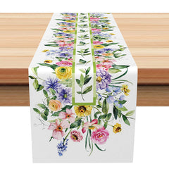 Aperturee - Aperturee Spring Floral Stripe Table Runner with Blooming Flowers and Leaves for Garden Party and Kitchen Decor