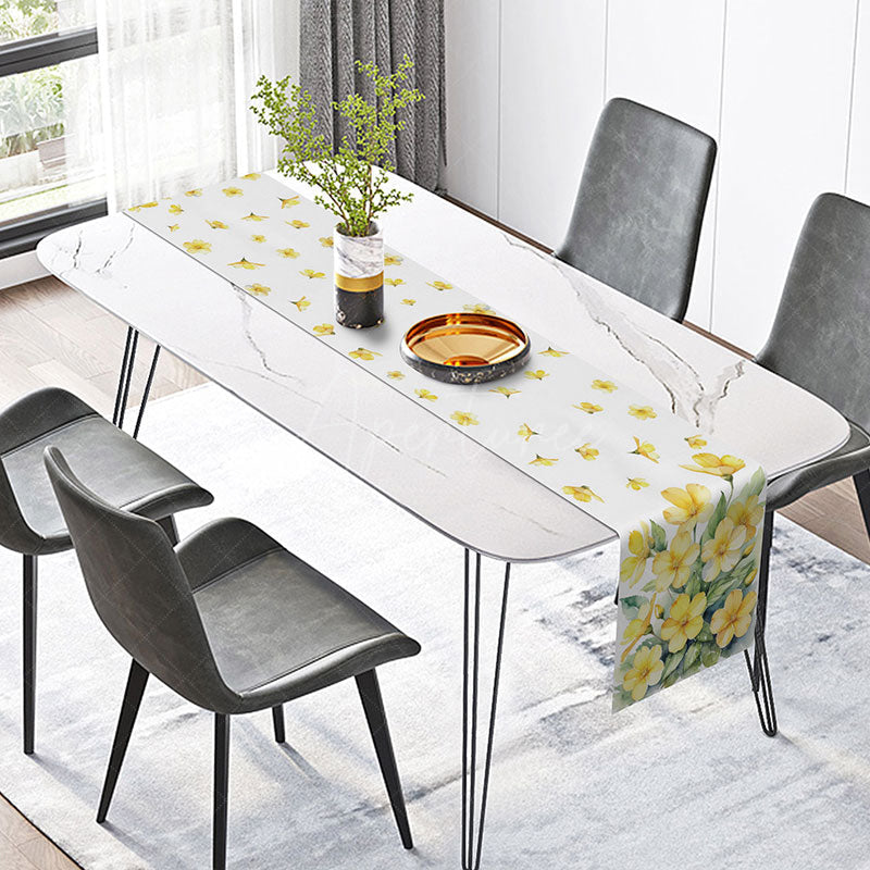 Aperturee - Aperturee Spring Floral Table Runner with Painted Yellow Flowers and Green Leaves for Easter and Kitchen Decor