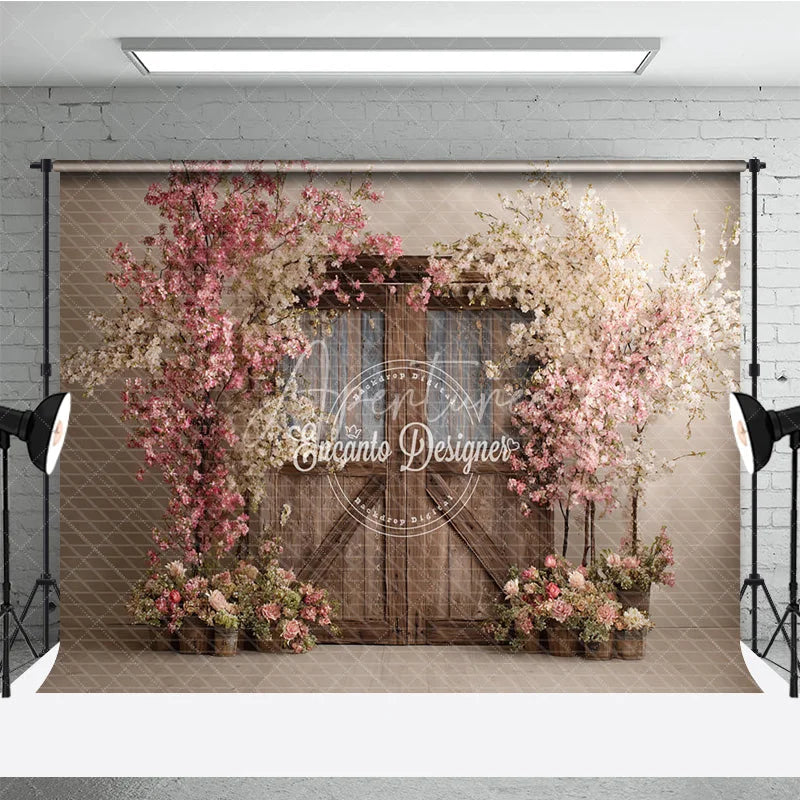 Aperturee - Aperturee Spring Floral Wedding Backdrop Rustic Barn Door with Cherry Blossoms Pink Flower Tree Bridal Shower Photo Props