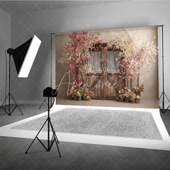 Aperturee - Aperturee Spring Floral Wedding Backdrop Rustic Barn Door with Cherry Blossoms Pink Flower Tree Bridal Shower Photo Props